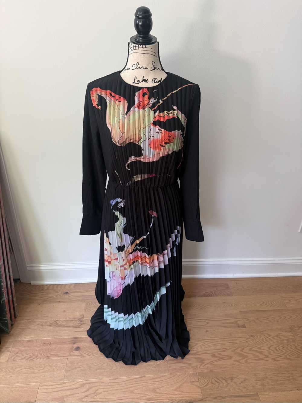 Novella Black Pleated Maxi Dress with Watercolor Floral Print – Size M NWOT